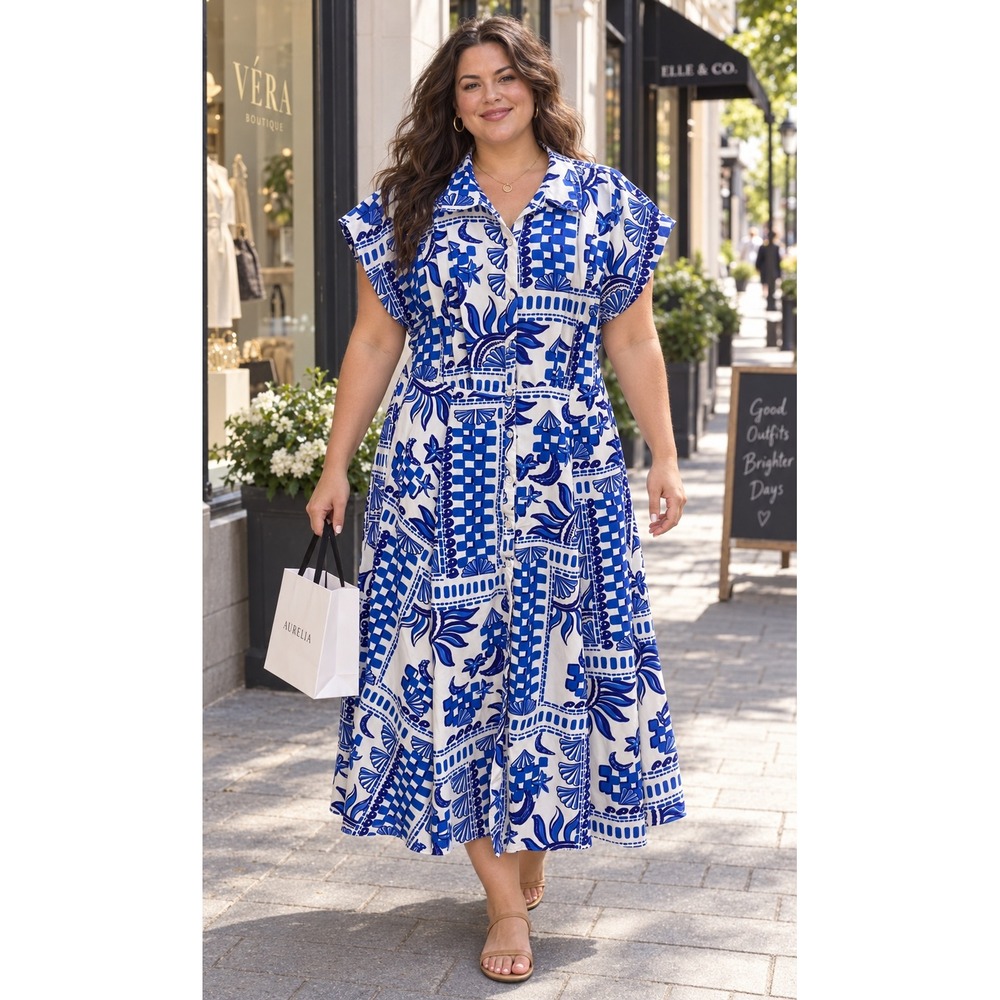 Truly 4 You Blue White Tile Print Button Down Midi Shirt Dress Plus Size 1X NWT